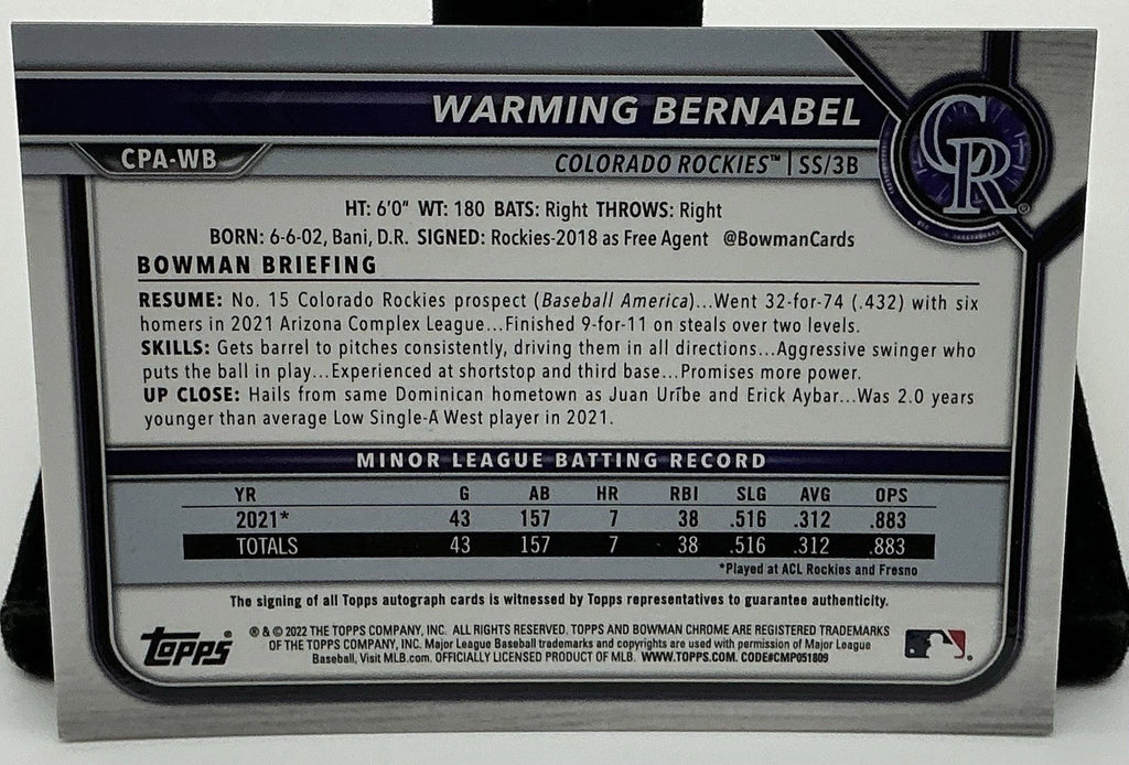 2022 Bowman Chrome Warming Bernabel Auto Colorado Rockies Bowman 1st Year CPA-WB