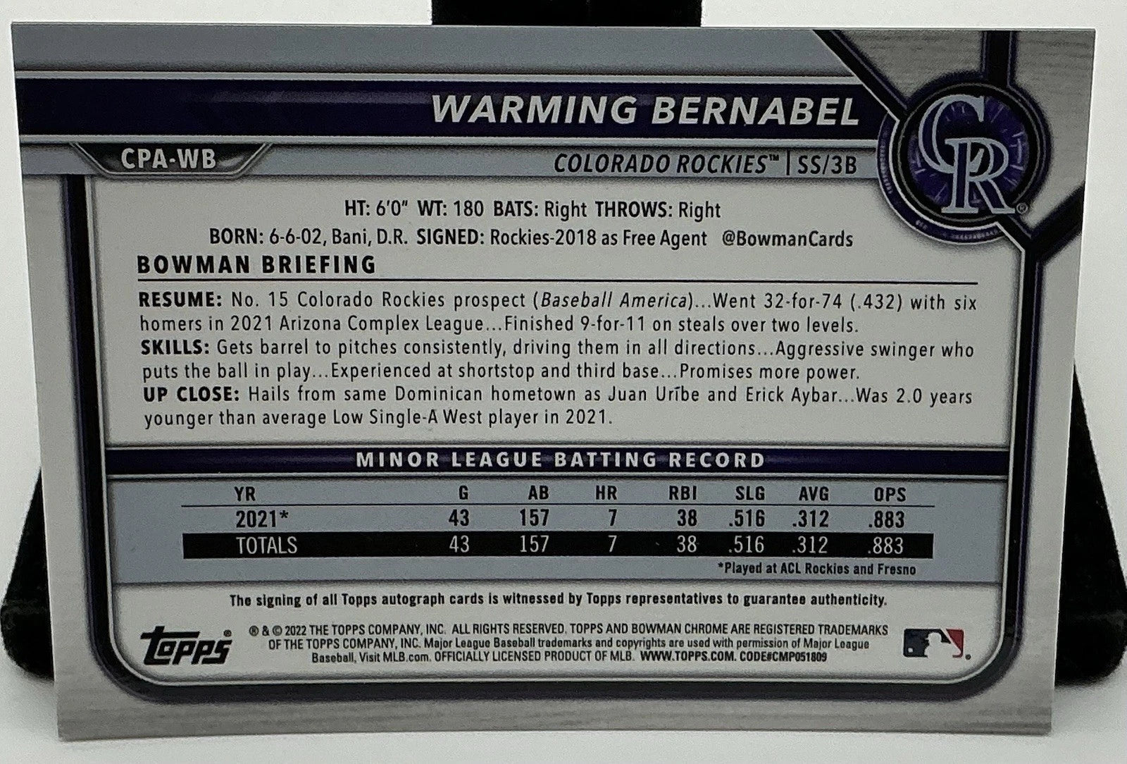 2022 Bowman Chrome Warming Bernabel Auto Colorado Rockies Bowman 1st Year CPA-WB
