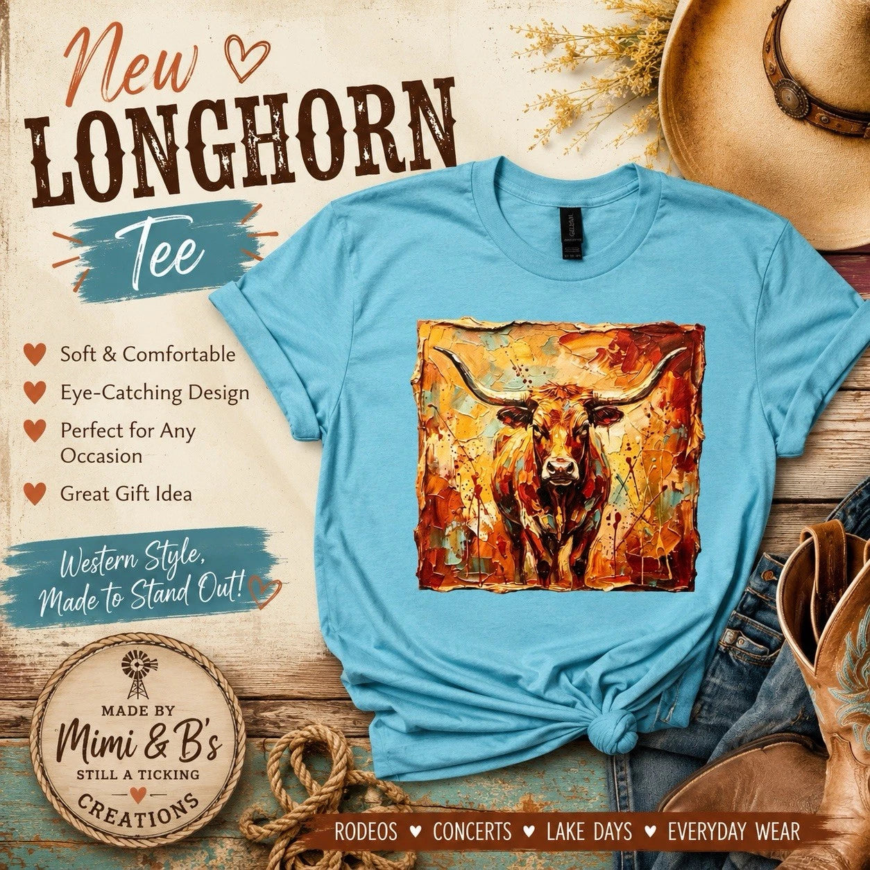 Western Longhorn Graphic T-Shirt Turquoise Country Cowgirl Rodeo Tee