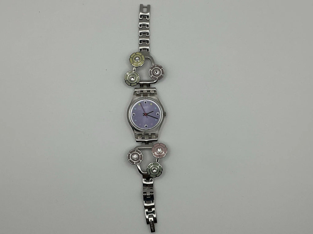 Swatch Ladies Floral Bracelet Watch Silver Tone Crystal Accents/New Battery