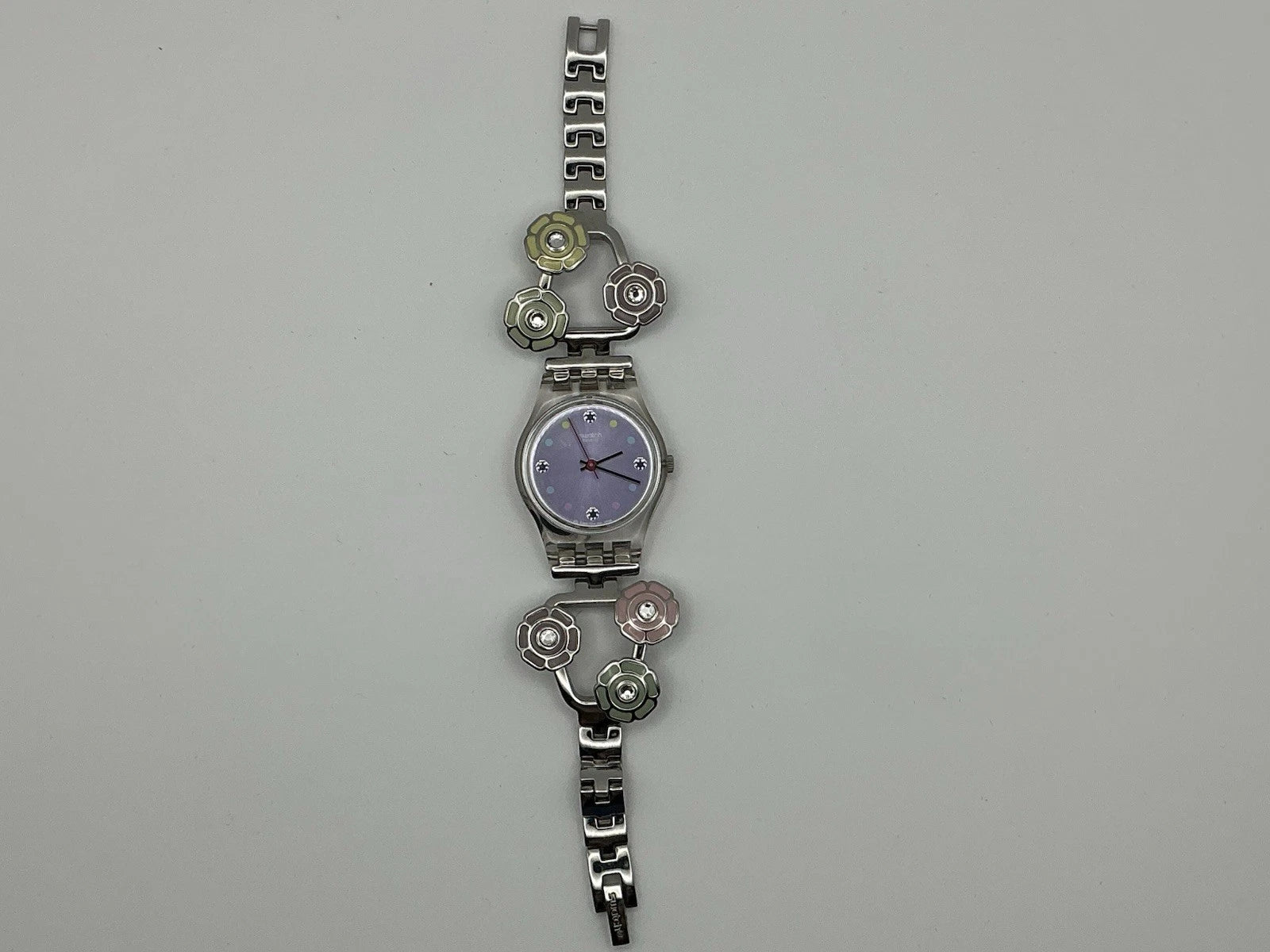 Swatch Ladies Floral Bracelet Watch Silver Tone Crystal Accents/New Battery