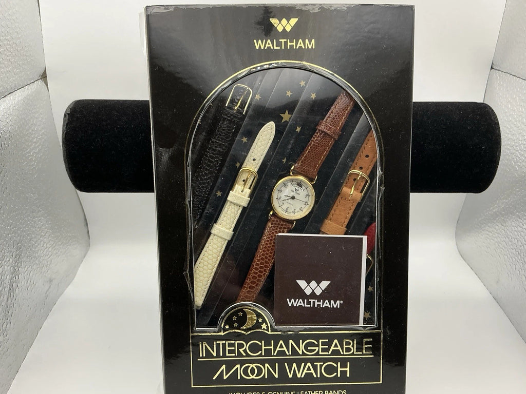 Vintage Waltham Interchangeable Moon Watch Set W/5 Leather Bands New Battery