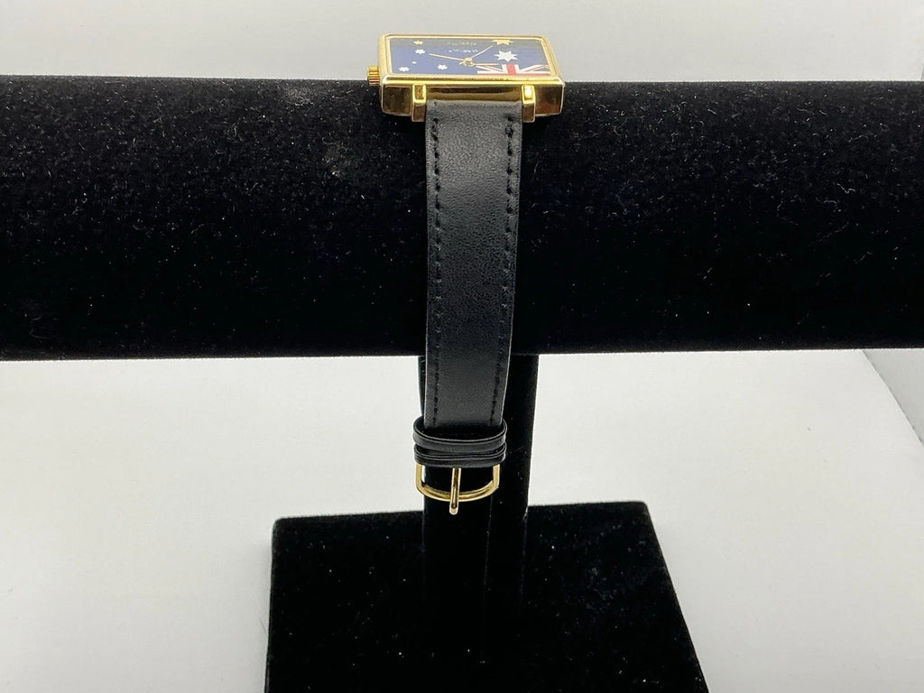 Flagtime Australia Flag Watch Rectangular Gold tone Black Band New Battery