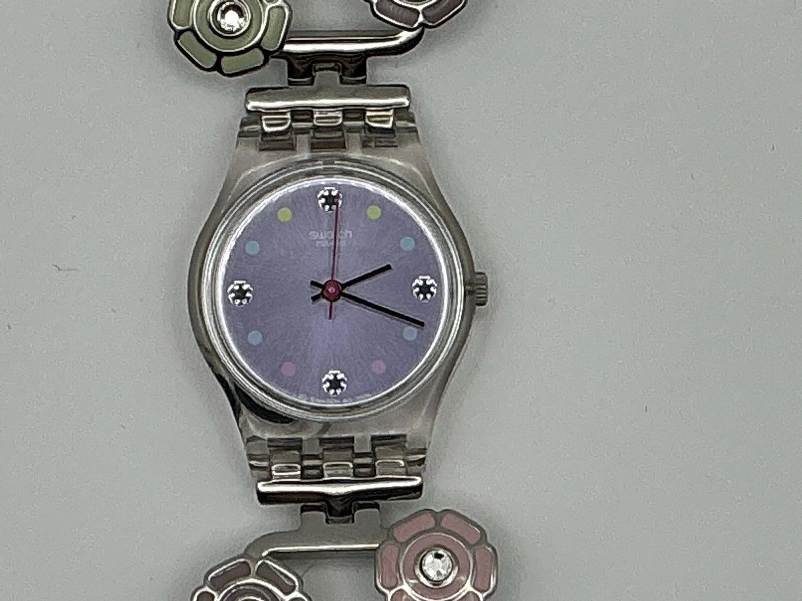Swatch Ladies Floral Bracelet Watch Silver Tone Crystal Accents/New Battery