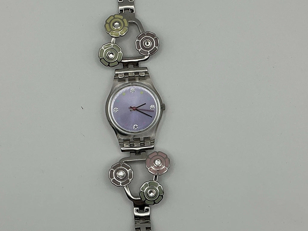 Swatch Ladies Floral Bracelet Watch Silver Tone Crystal Accents/New Battery