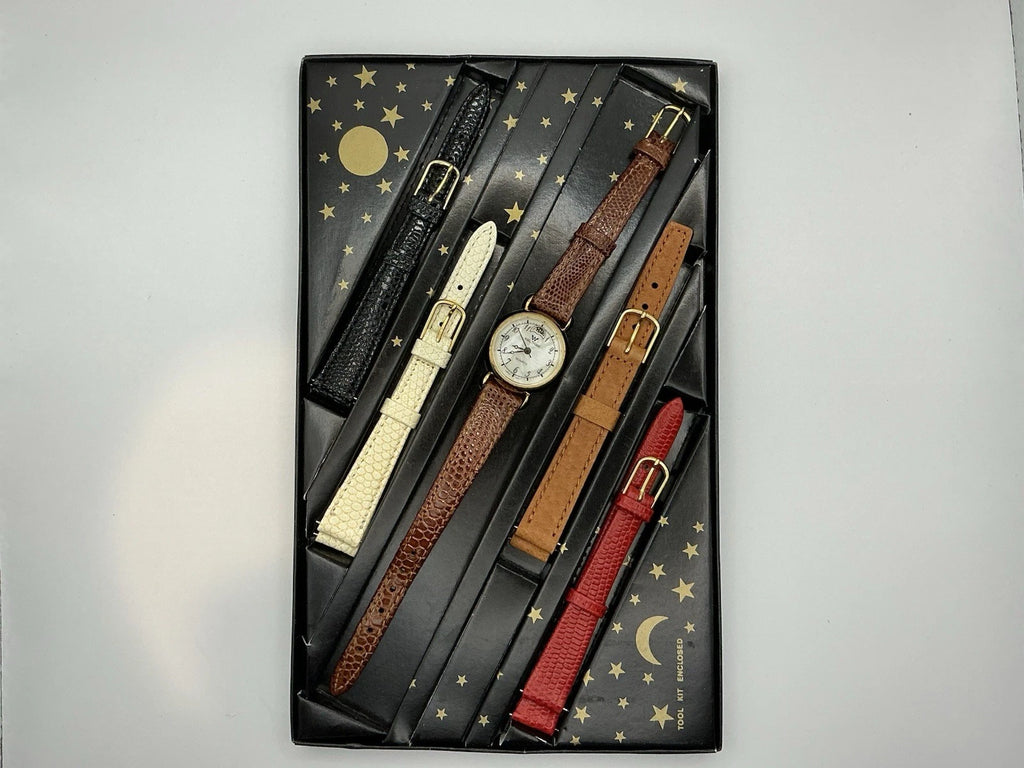Vintage Waltham Interchangeable Moon Watch Set W/5 Leather Bands New Battery