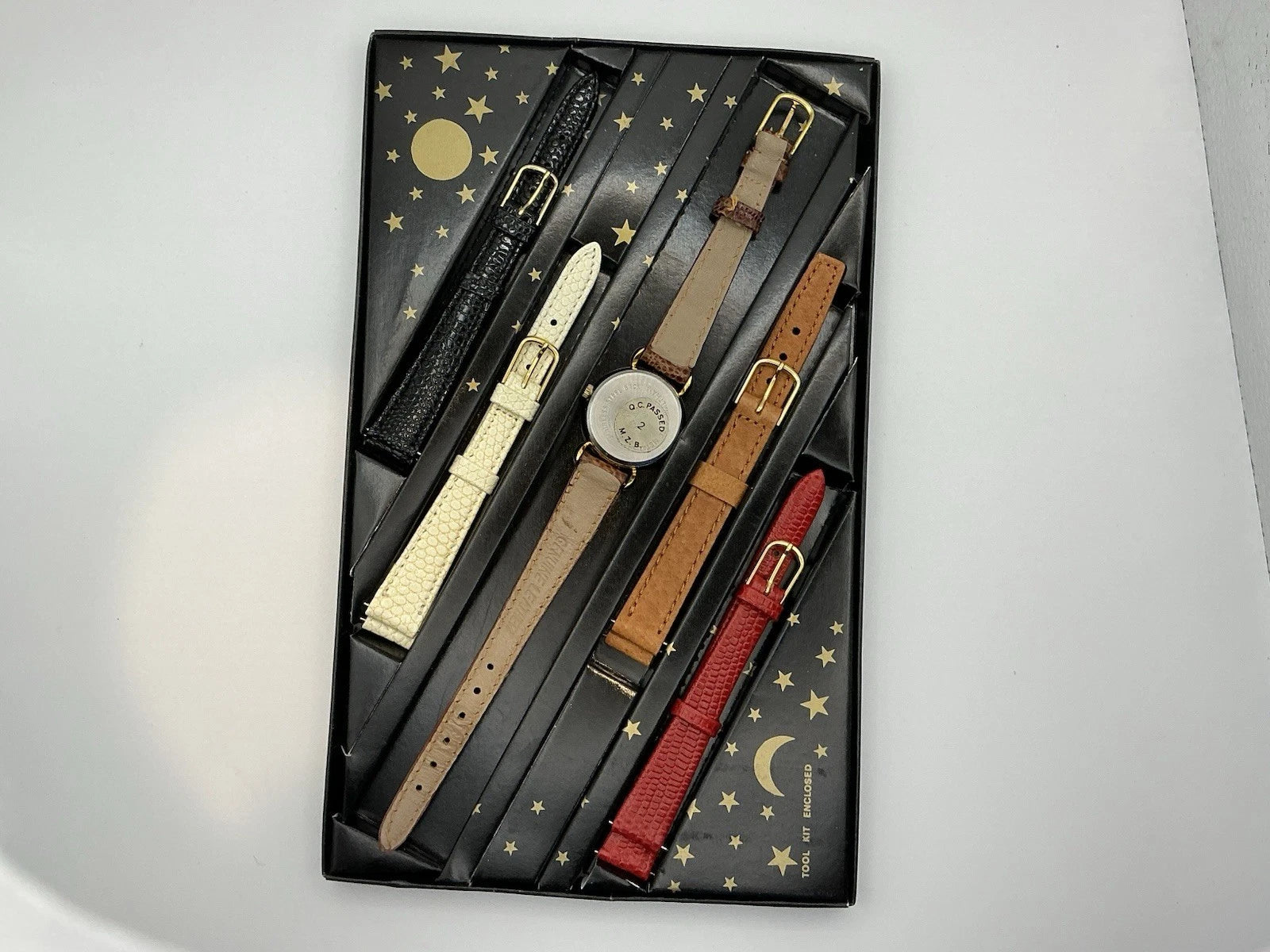 Vintage Waltham Interchangeable Moon Watch Set W/5 Leather Bands New Battery