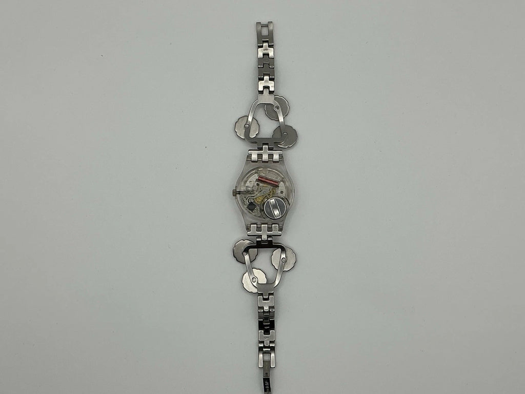 Swatch Ladies Floral Bracelet Watch Silver Tone Crystal Accents/New Battery