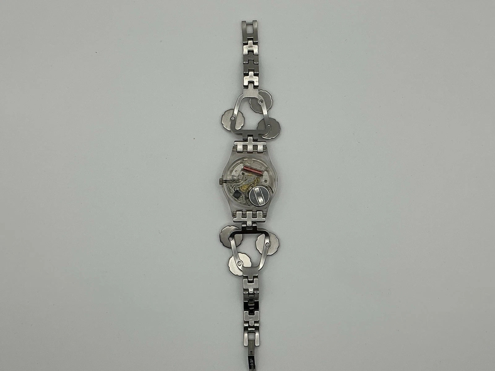 Swatch Ladies Floral Bracelet Watch Silver Tone Crystal Accents/New Battery
