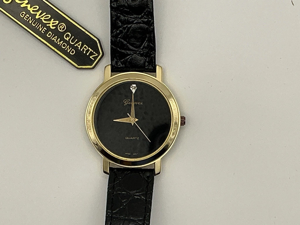 Mens Genevex Diamond Quartz Black Watch Leather Band New Battery