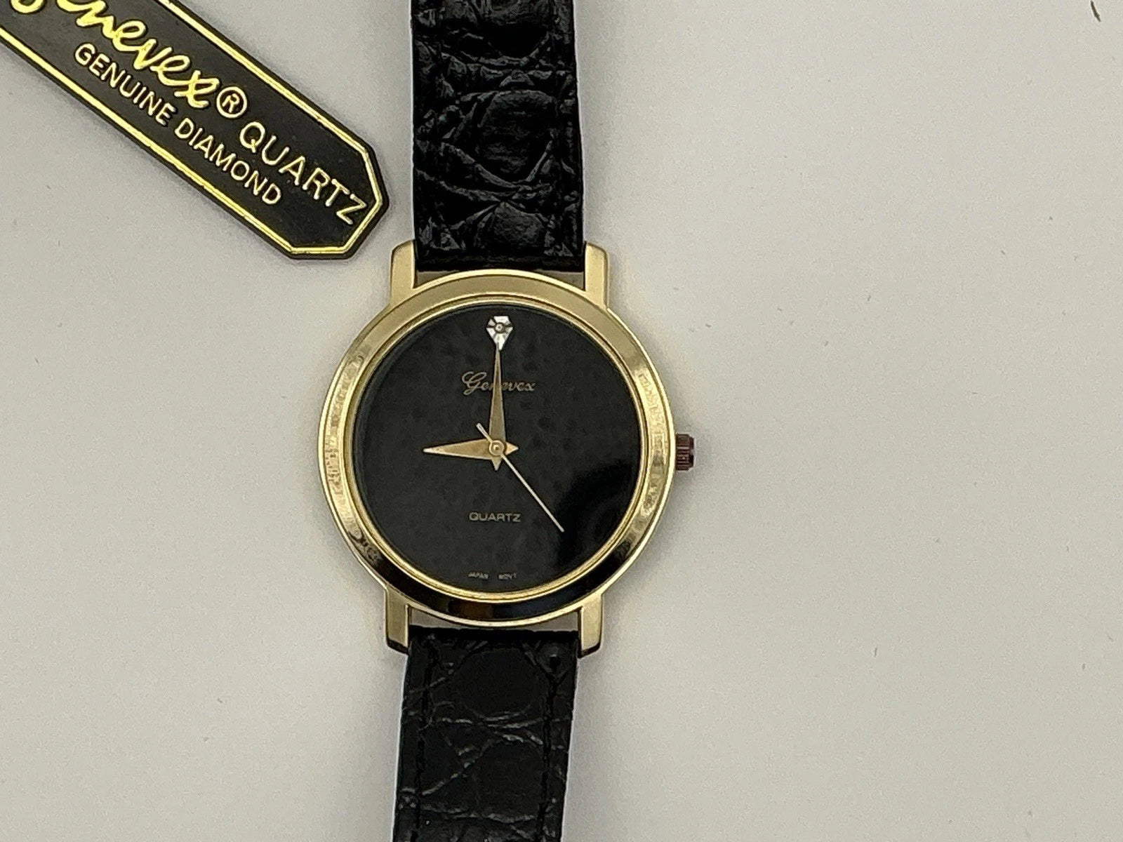 Mens Genevex Diamond Quartz Black Watch Leather Band New Battery