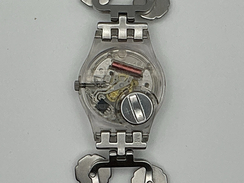 Swatch Ladies Floral Bracelet Watch Silver Tone Crystal Accents/New Battery