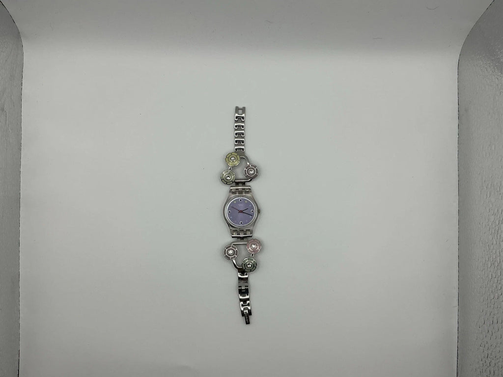 Swatch Ladies Floral Bracelet Watch Silver Tone Crystal Accents/New Battery