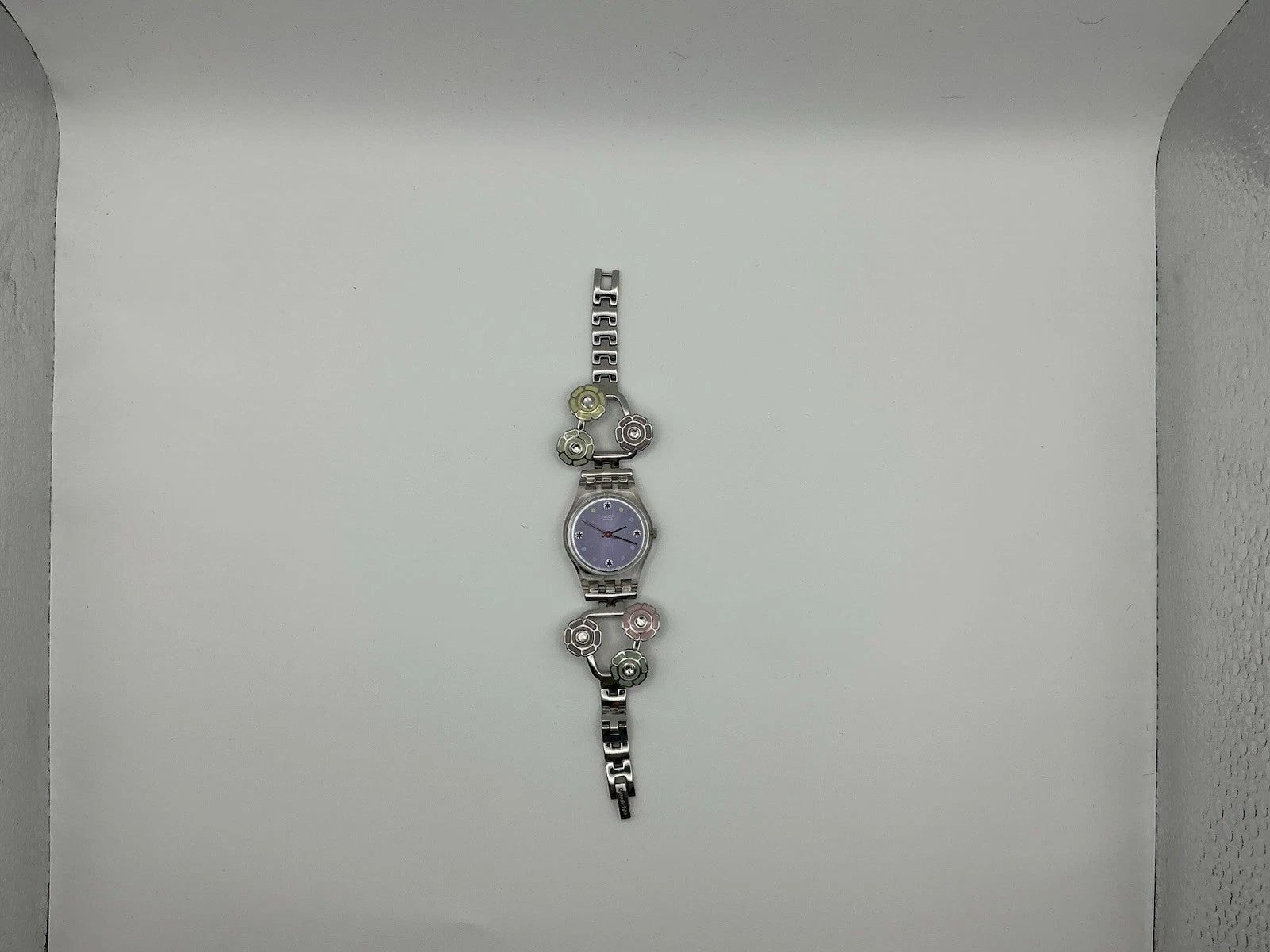 Swatch Ladies Floral Bracelet Watch Silver Tone Crystal Accents/New Battery