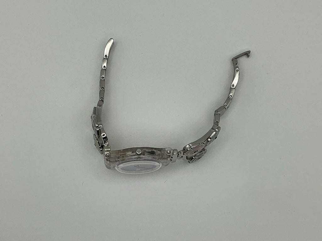 Swatch Ladies Floral Bracelet Watch Silver Tone Crystal Accents/New Battery