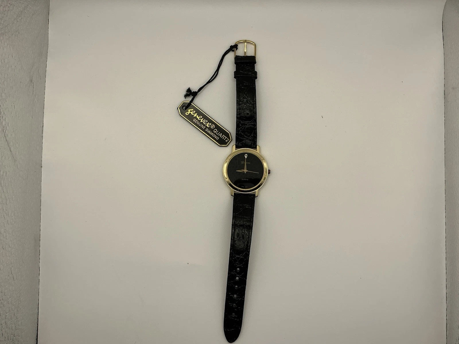 Mens Genevex Diamond Quartz Black Watch Leather Band New Battery