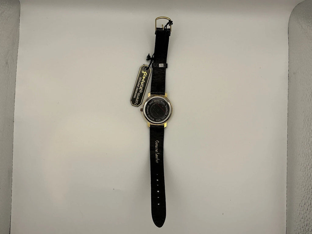 Mens Genevex Diamond Quartz Black Watch Leather Band New Battery
