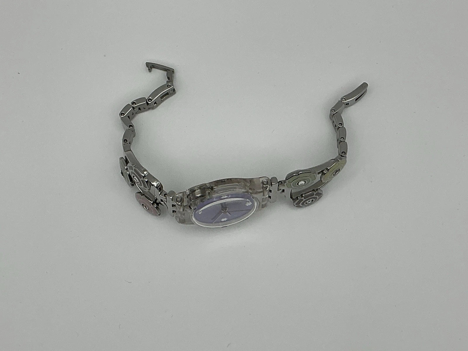 Swatch Ladies Floral Bracelet Watch Silver Tone Crystal Accents/New Battery