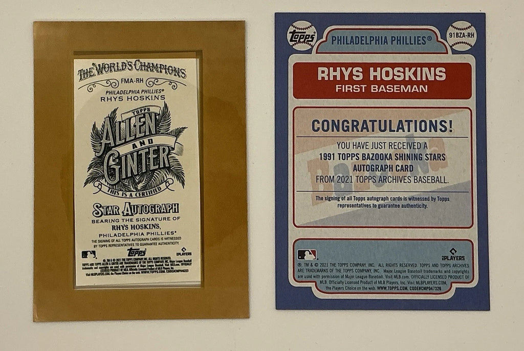 Rhys Hoskins Autograph Lot 2 Topps Allen & Ginter + Bazooka Phillies Auto Cards